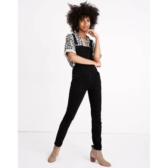 Madewell Denim Ankle Overalls Womens S Black Side Zip Patch Pockets - Picture 1 of 10